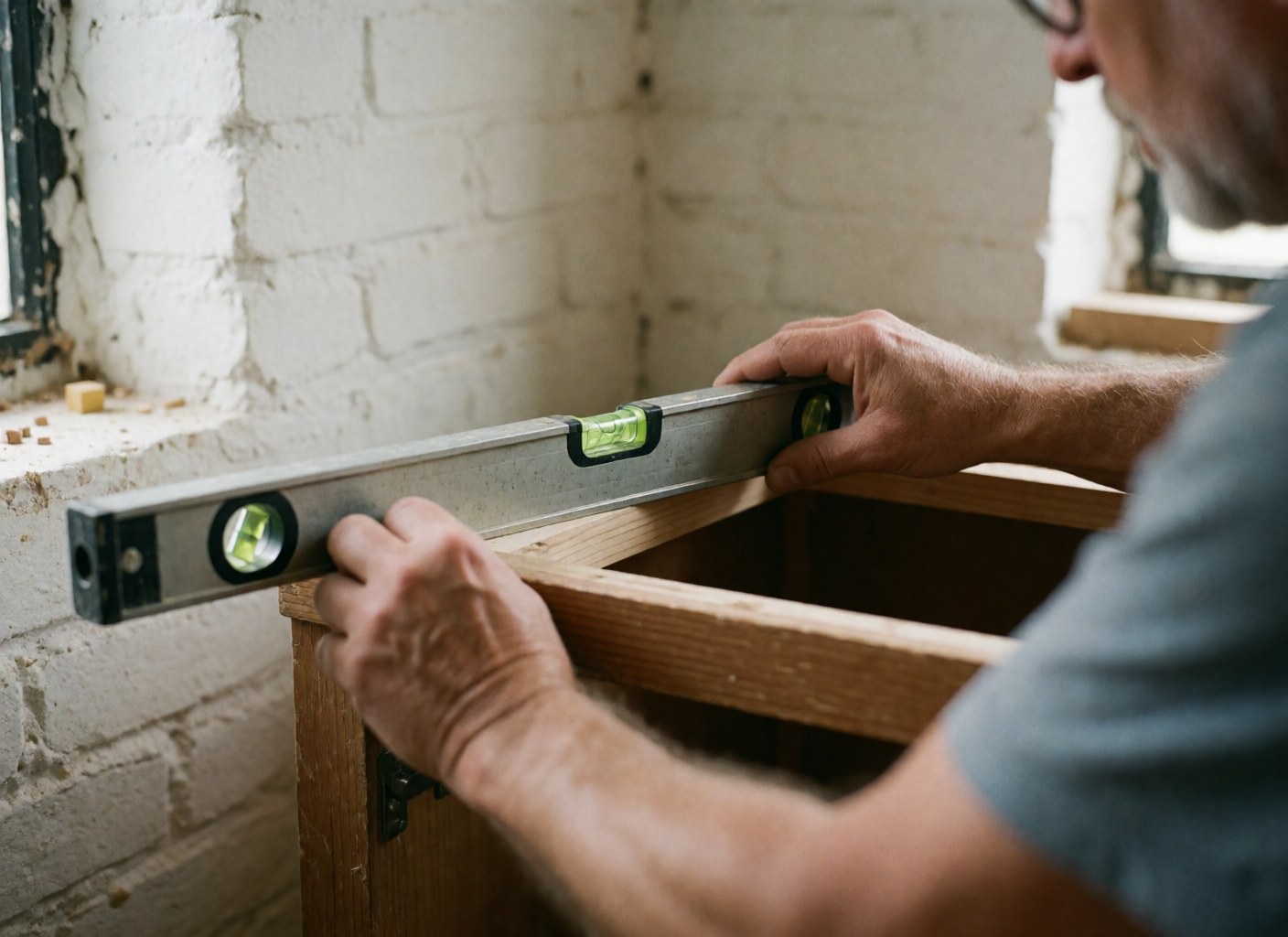 Un menuisier adulte utilise un niveau à bulle pour mesurer une pièce de bois, devant un mur en briques blanches, illustrant le travail de précision sur un chantier.