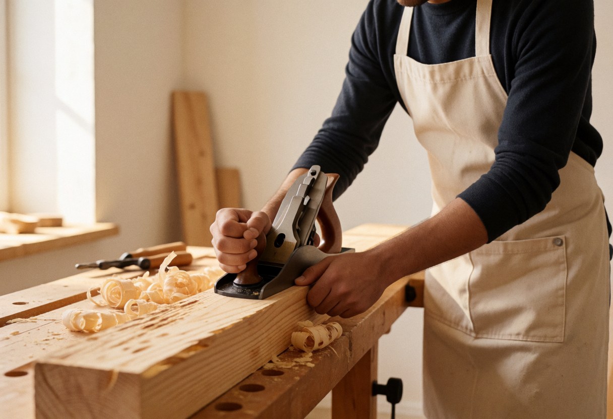 Un menuisier en tablier blanc utilise un gabarit sur une pièce de bois rustique dans un atelier lumineux et ordonné.