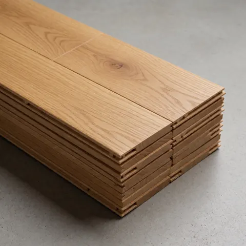 Planche de bois naturel empilée sur un fond gris, montrant la texture du grain et les détails des matériaux de menuiserie pour projet intérieur.