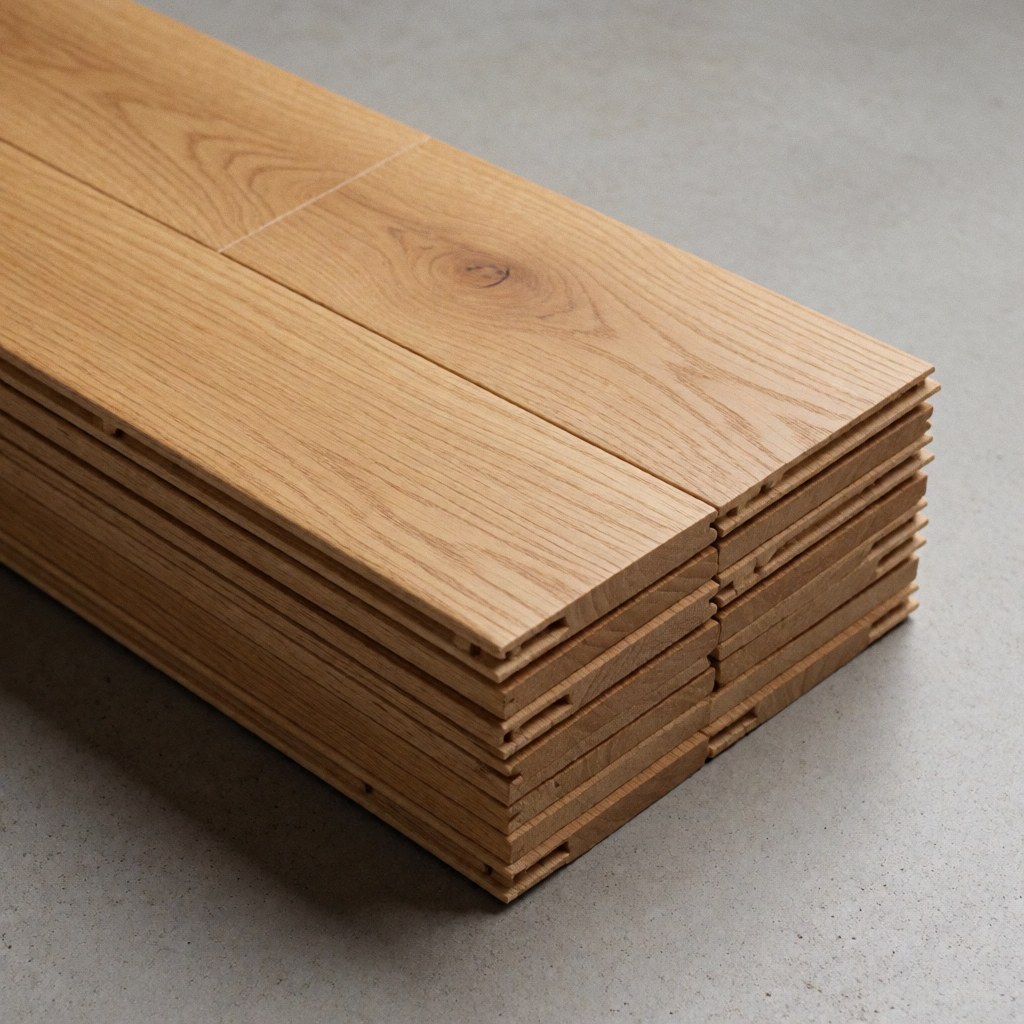 Planche de bois naturel empilée sur un fond gris, montrant la texture du grain et les détails des matériaux de menuiserie pour projet intérieur.