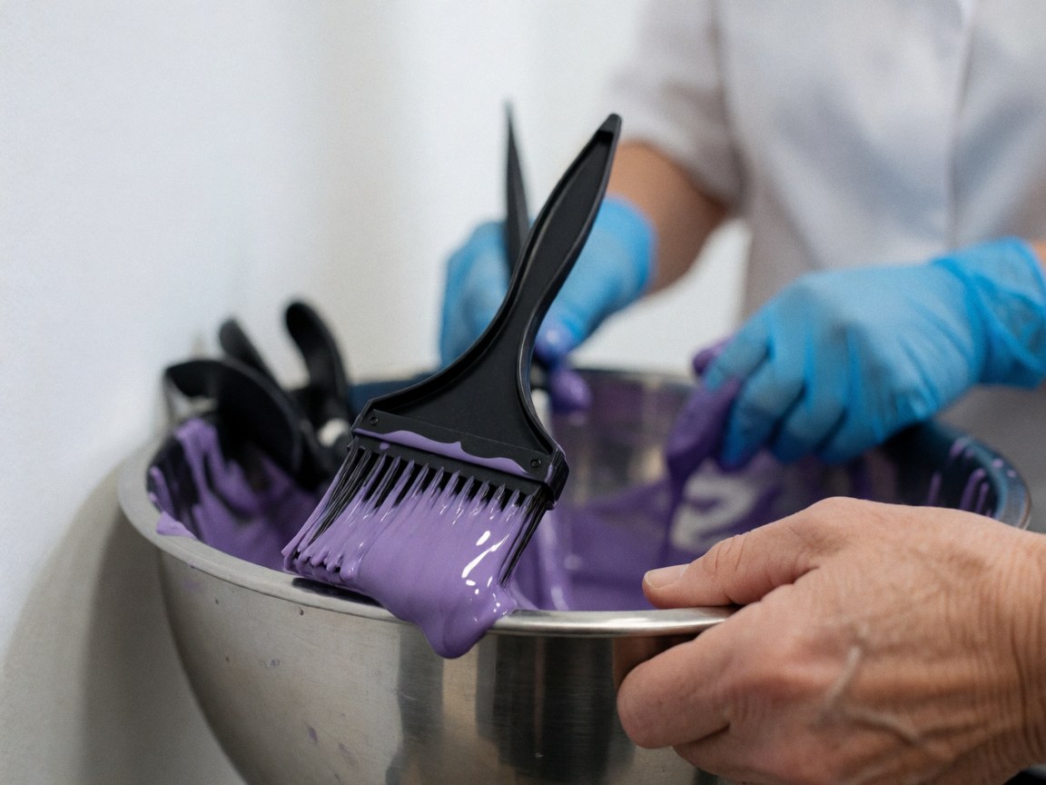 Un coiffeur portant des gants bleus mélange une teinture violette dans un bol en acier inoxydable avec un pinceau prêt à l'emploi dans un salon de coiffure.