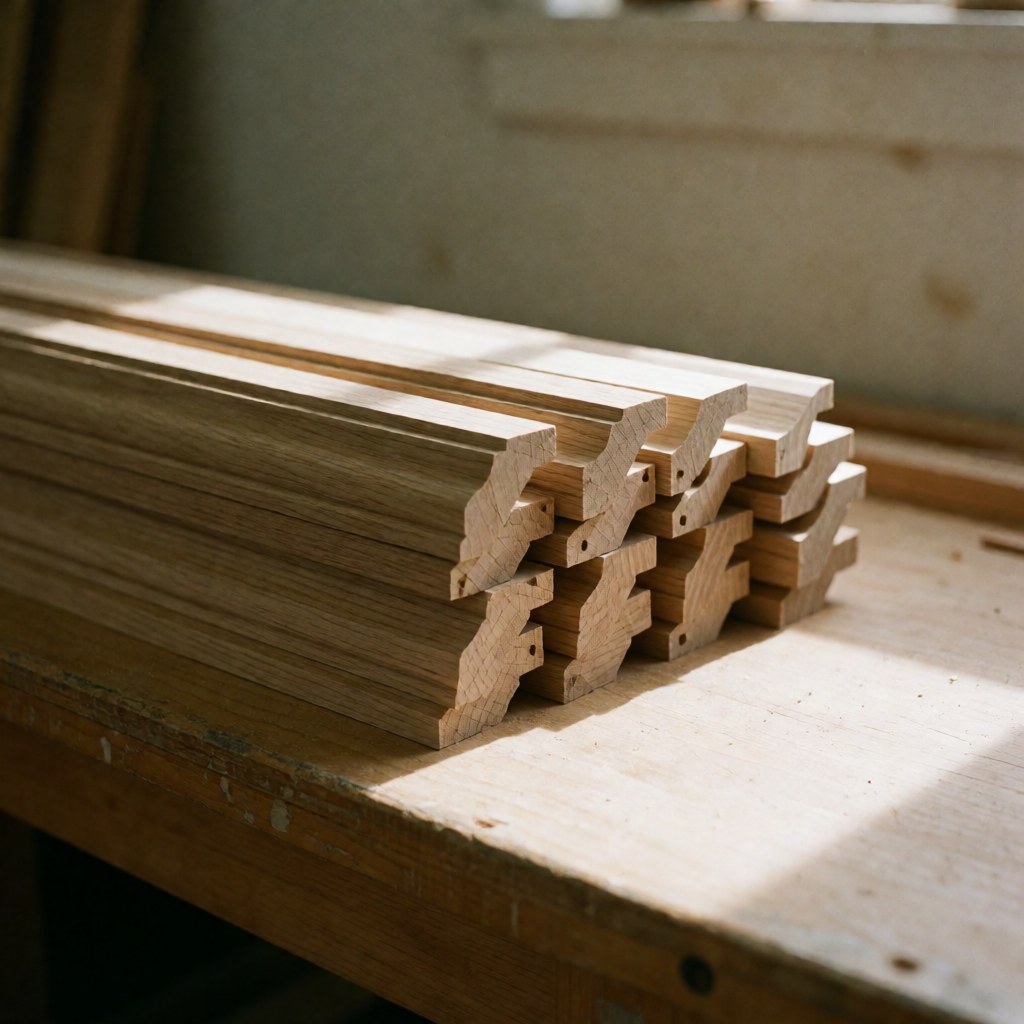 Des moulures en bois clair découpées en angle sont empilées sur une table de travail en bois dans un atelier éclairé par une lumière naturelle douce.