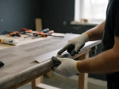 Une main gantée ajuste une bande de revêtement sur une table de travail, avec des outils et de la lumière naturelle en arrière-plan.