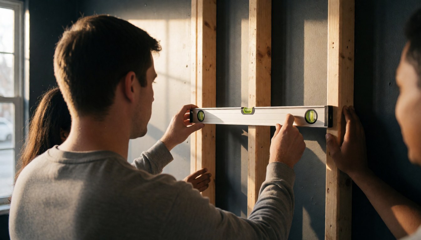 Un technicien utilise un niveau à bulle pour mesurer un cadre en bois dans un environnement de travail avec des murs gris et une lumière naturelle.