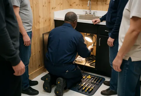 Un technicien professionnel effectue une réparation sous un évier en bois, utilisant des outils à la main dans un intérieur bien éclairé.