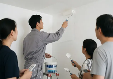 Peintre professionnel utilisant un rouleau pour peindre les murs blancs d'une maison pendant que des clients observent le travail en cours.