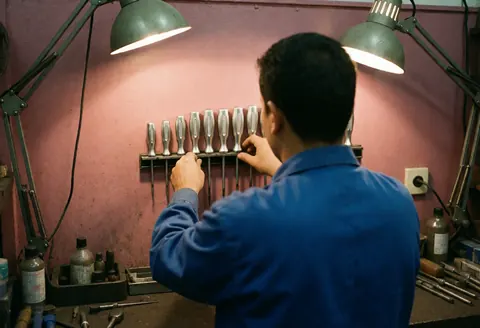 Un technicien en uniforme bleu range des tournevis sur une planche magnétique fixée à un mur rose, éclairé par deux spots dans un atelier rempli d'outils.