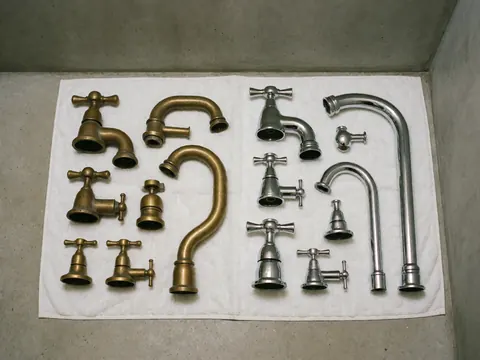 Vue rapprochée de pièces métalliques chromées et en bronze destinées à la rénovation ou réparation d'une installation sanitaire, posées sur une surface grise.