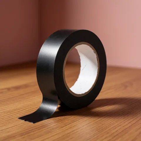 Un rouleau de ruban adhésif noir posé sur une surface en bois avec un fond rose, éclairage chaleureux mettant en valeur la texture du matériau.
