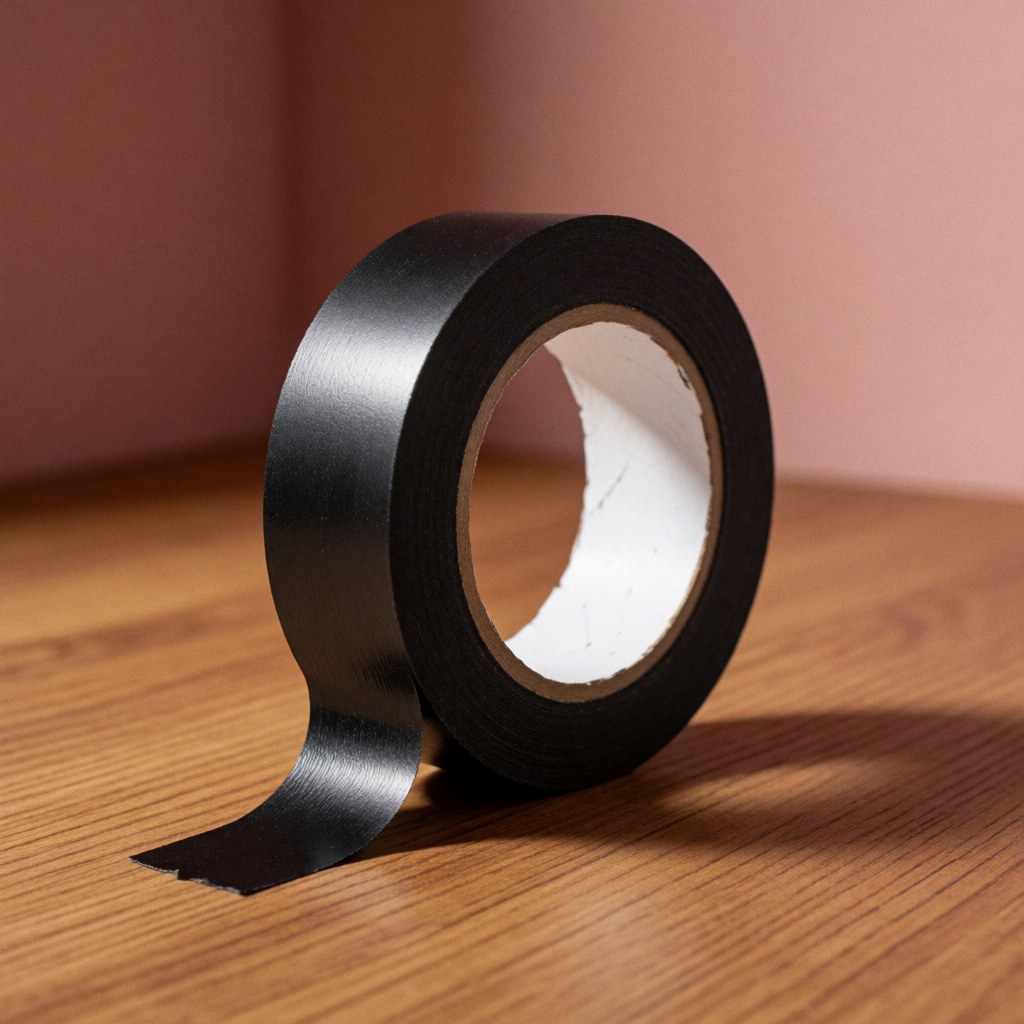 Un rouleau de ruban adhésif noir posé sur une surface en bois avec un fond rose, éclairage chaleureux mettant en valeur la texture du matériau.
