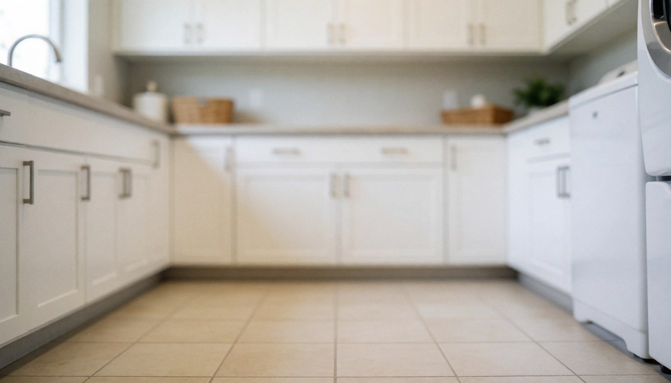 Arrière-plan blanc et épuré d'une blanchisserie avec des carreaux et des armoires, idéal pour ajouter du texte ou des présentations professionnelles.