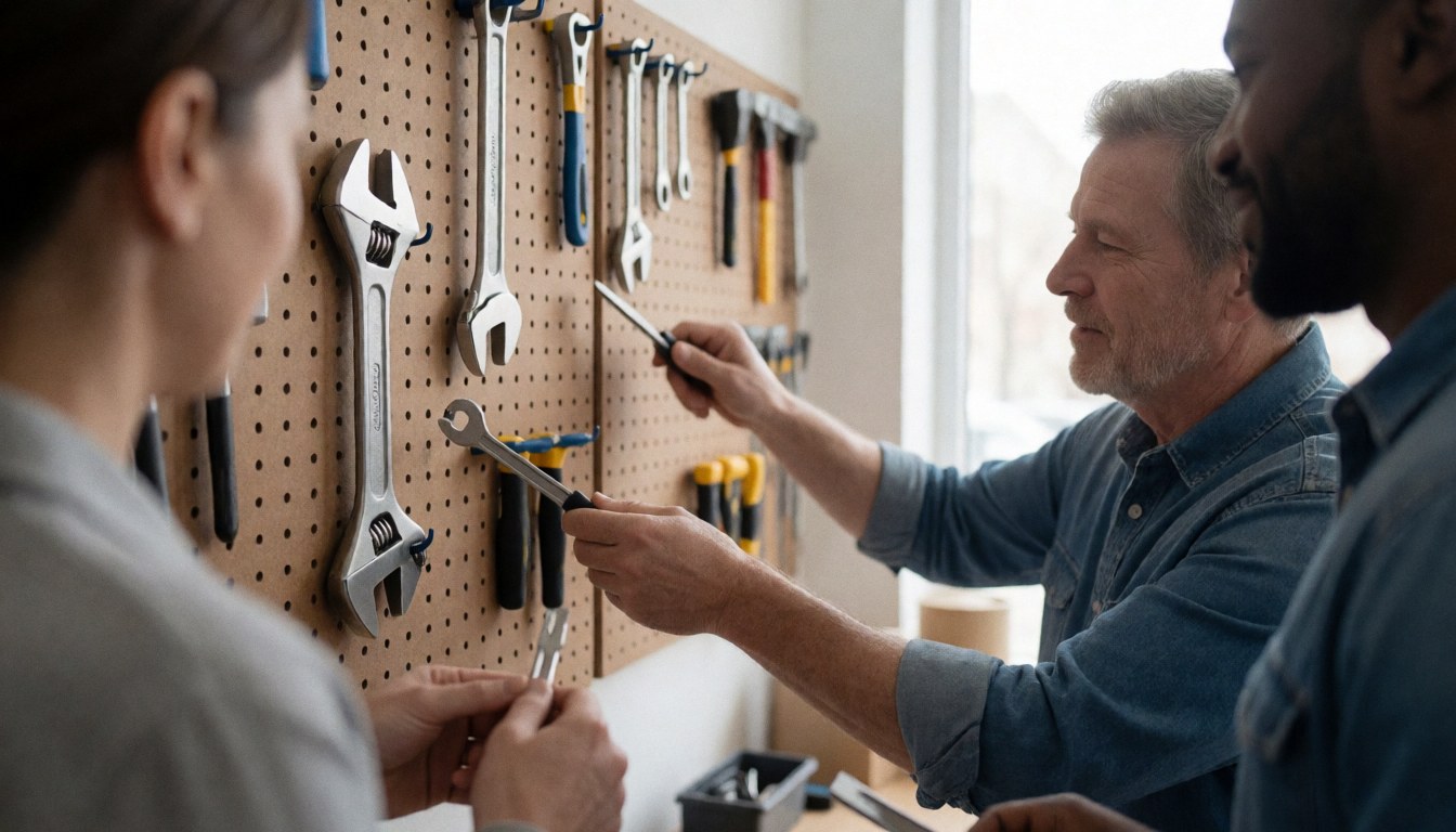 Divers outils de maintenance disposés sur un panneau perforé mural, incluant des tournevis, des clés et d'autres instruments professionnels pour le travail manuel.
