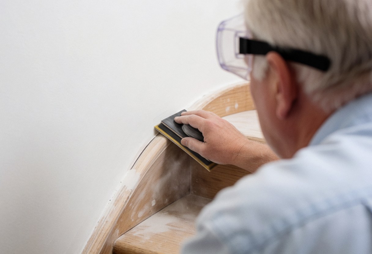 Vue arrière d'un ouvrier effectuant un ponçage sur une échelle en bois, produisant de la poussière, devant un mur blanc, mains en action.