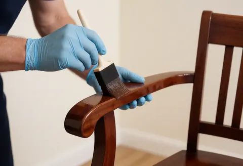 Une main gantée applique du vernis sur une chaise en bois avec un pinceau, dans le cadre d'un travail de restauration sur fond neutre.