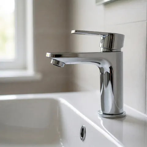 Un robinet moderne en acier inoxydable avec un design épuré, posé sur une surface blanche brillante reflétant la lumière naturelle.