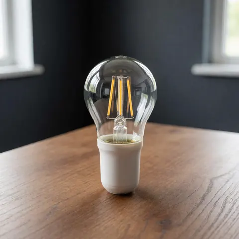 Une ampoule à led unique est photographiée isolée sur un fond de bois clair avec un mur gris en arrière-plan, mettant en valeur son design moderne et sa technologie économique.