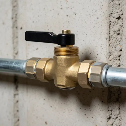 Une vanne à gaz en bronze fixée sur une paroi en béton avec des tuyaux galvanisés, illustrant une installation de plomberie industrielle.