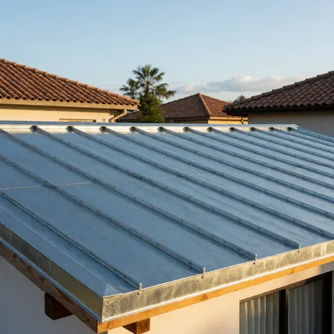 Vue rapprochée d'un toit en zinc métallique dont les panneaux ont été réparés, avec des rivets visibles, baigné par la lumière dorée du soleil et ombragé par des palmiers.