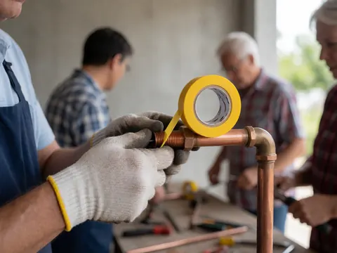Gant portant une main qui applique du ruban d'étanchéité jaune sur le filetage d'un tuyau en cuivre dans un atelier de construction.