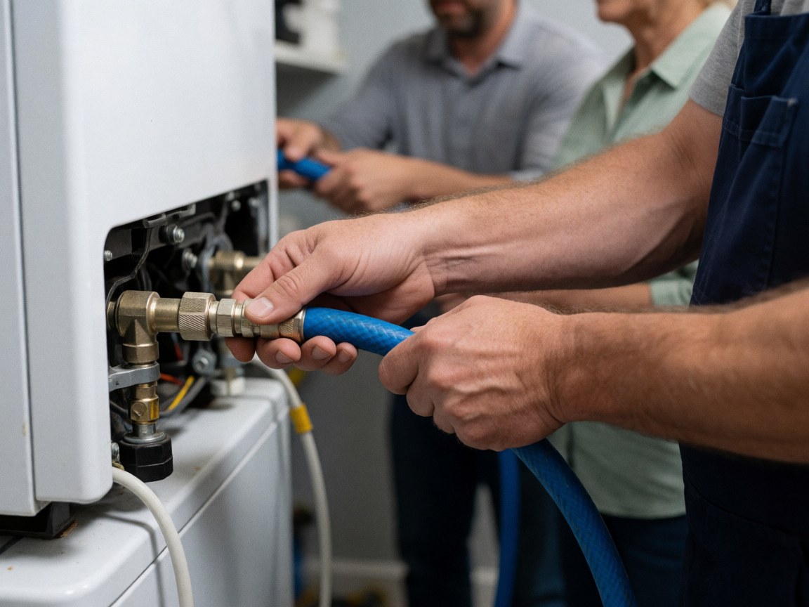 Des mains branchent un tuyau bleu sur un appareil blanc dans une pièce utilitaire avec un fond flou et un éclairage pratique.