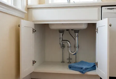 Vue sous un évier de cuisine montrant les tuyaux, le siphon en forme de P, une serviette bleue suspendue et les connexions d'eau.