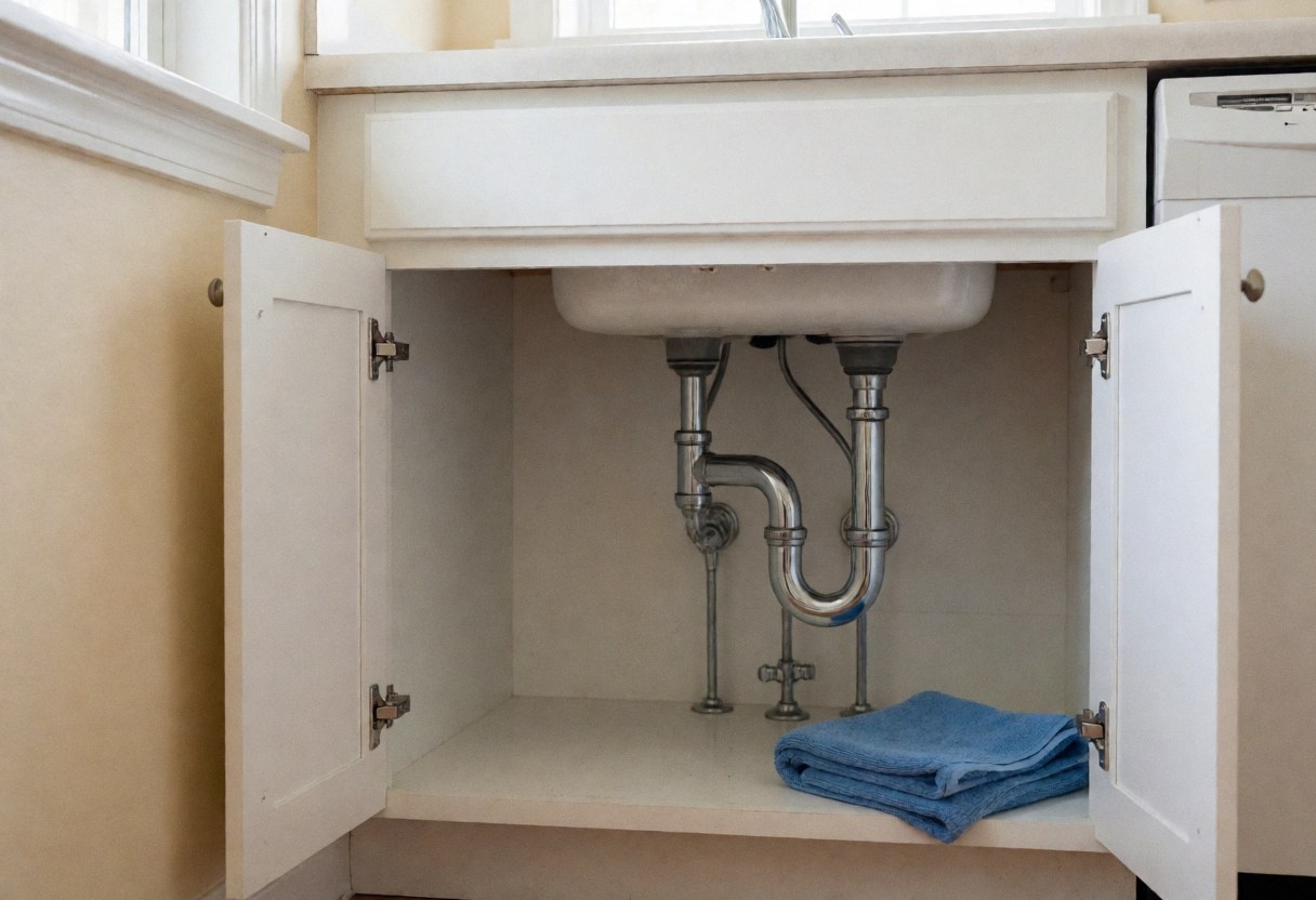 Vue sous un évier de cuisine montrant les tuyaux, le siphon en forme de P, une serviette bleue suspendue et les connexions d'eau.