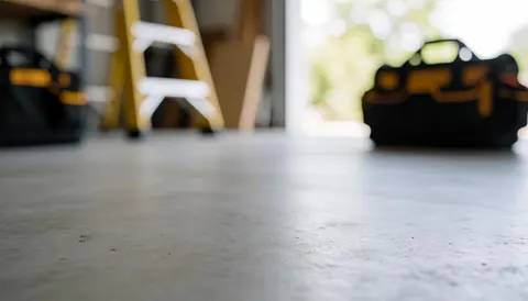 Sol gris en béton avec une échelle jaune et un sac à outils posé au sol, éclairage naturel pour fond neutre professionnel.