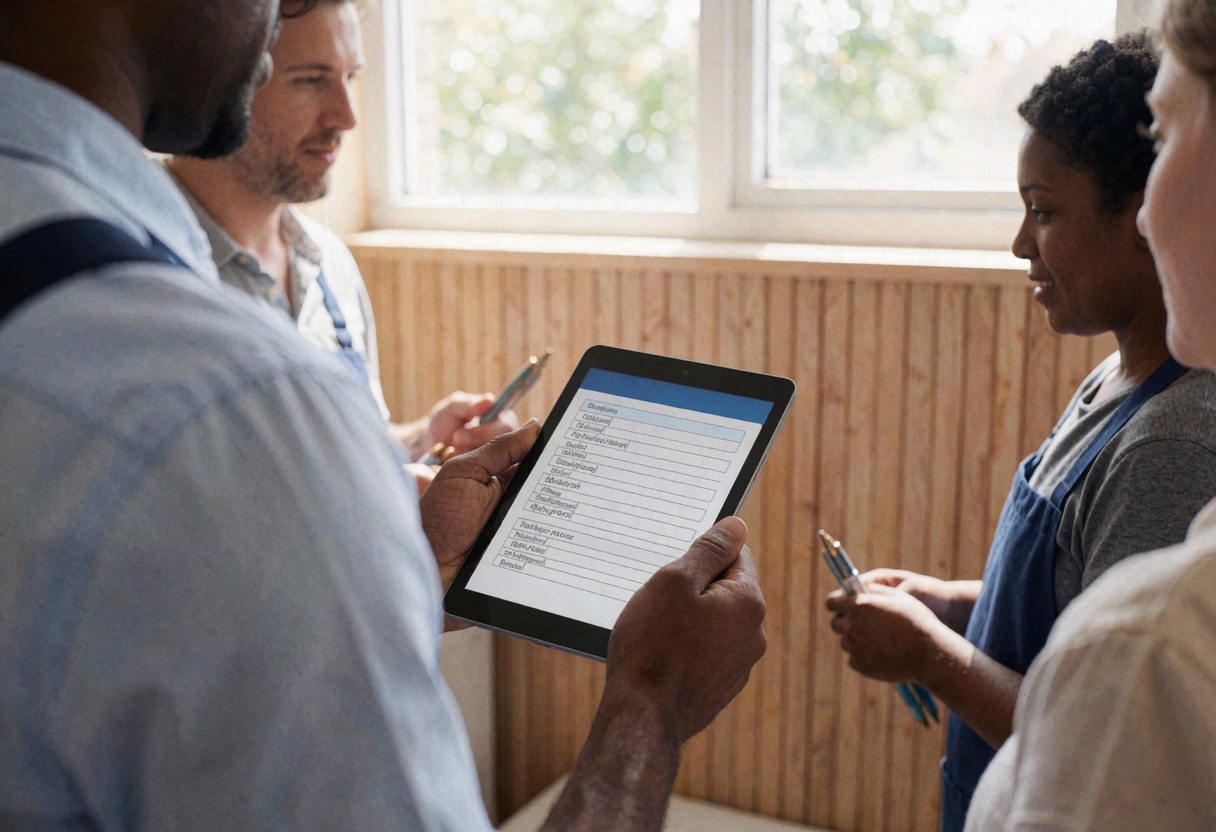 Un technicien en train d'effectuer un diagnostic professionnel à l'aide d'une tablette dans un environnement de travail.