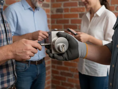 Une équipe installe un verrou moderne sur un mur en briques avec des outils et des gants dans un environnement de chantier.