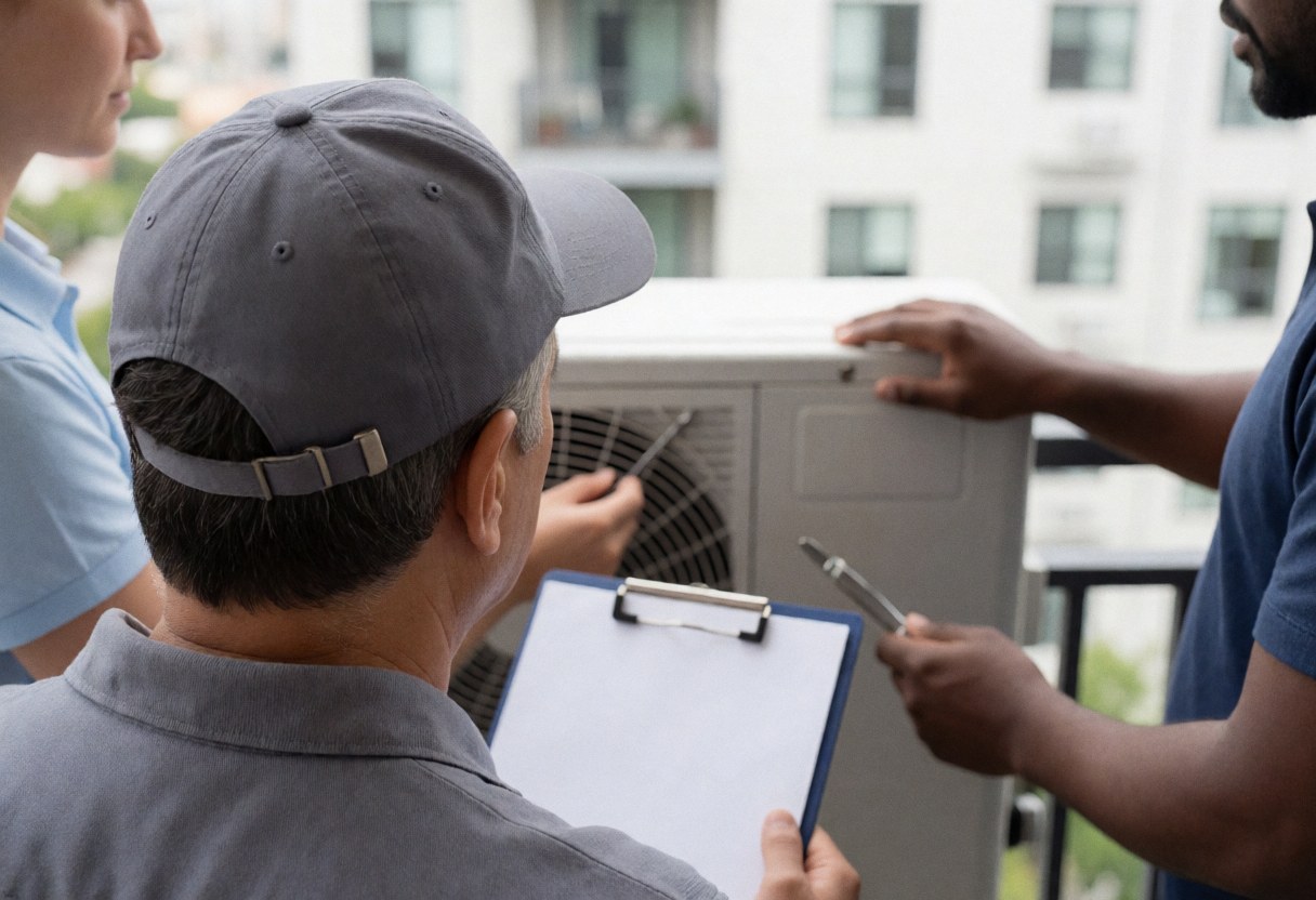 Un technicien en casquette grise examine une unité de climatisation sur un balcon. Un autre technicien avec des outils et un client avec un classeur sont présents. Arrière-plan urbain flou.