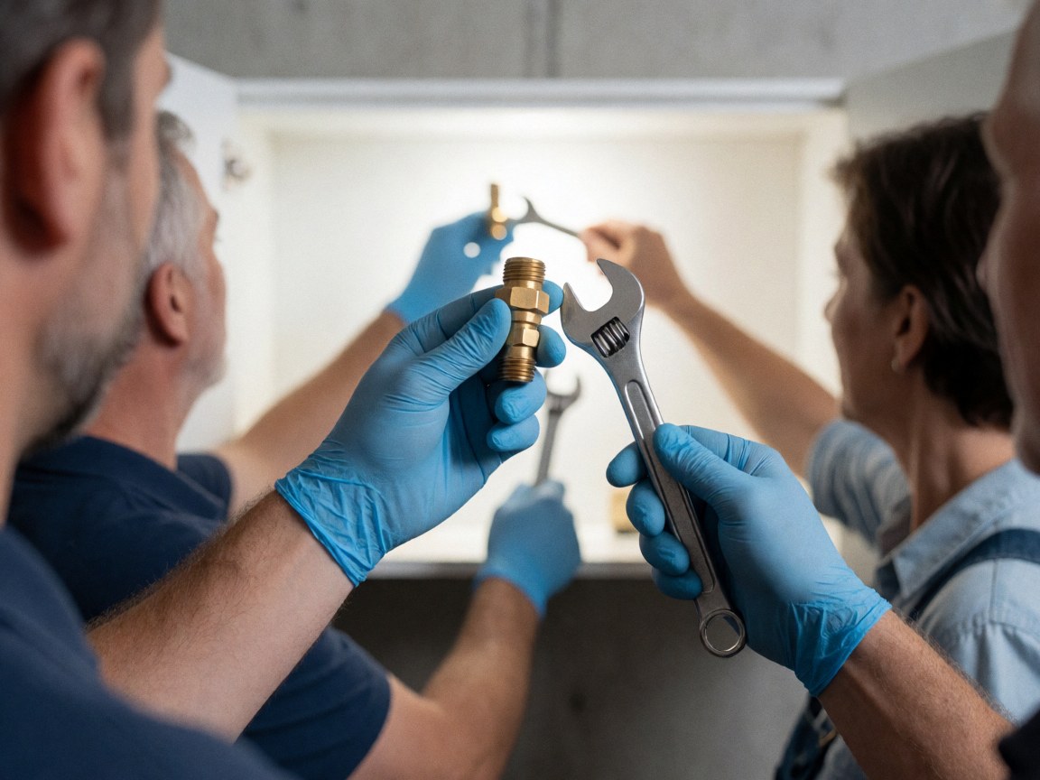 Raccord en laiton ajusté avec précision par un technicien portant des gants nitrile, utilisant une clé pour l'installation ou la maintenance.