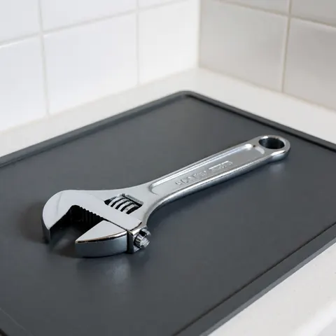 Clé à molette chromée brillante posée sur une surface noire avec des carreaux blancs en arrière-plan, idéale pour illustrer outils de maintenance et réparation.