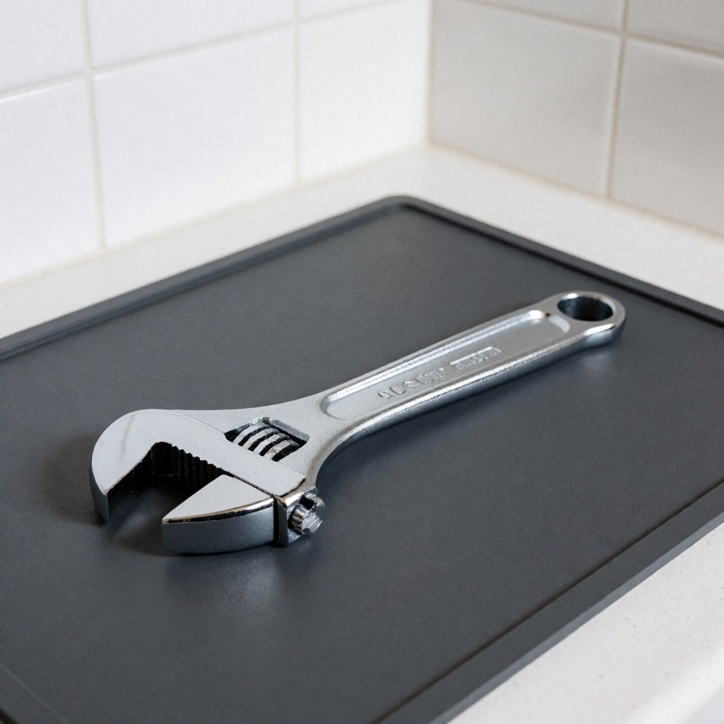 Clé à molette chromée brillante posée sur une surface noire avec des carreaux blancs en arrière-plan, idéale pour illustrer outils de maintenance et réparation.