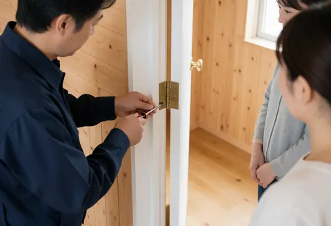 Un technicien ajuste des charnières de porte avec un outil. Deux personnes observent la scène dans un intérieur en bois avec une lumière naturelle.
