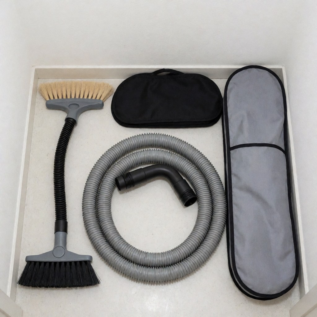 Des outils de nettoyage professionnels rangés dans une boîte : brosses, tuyau et housses, prêts pour le travail.