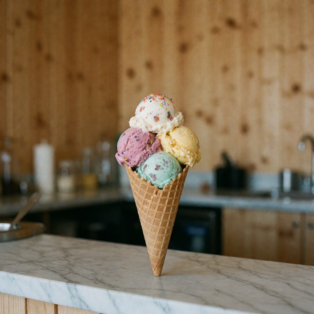 Glace artisanale en cône de gaufre avec trois boules colorées, paillettes et fruits sur un comptoir en marbre devant un mur en bois.