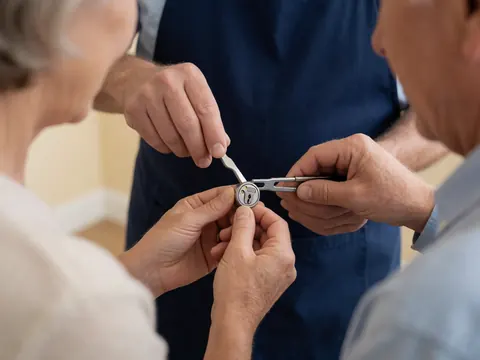Un serrurier effectue une intervention précise sur un cylindre avec des outils, observé par deux personnes en arrière-plan flou.