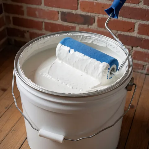 Un seau de peinture intérieure ouverte contenant de la peinture blanche mate, accompagné d'un rouleau imbibé de peinture posé sur le bord du récipient.