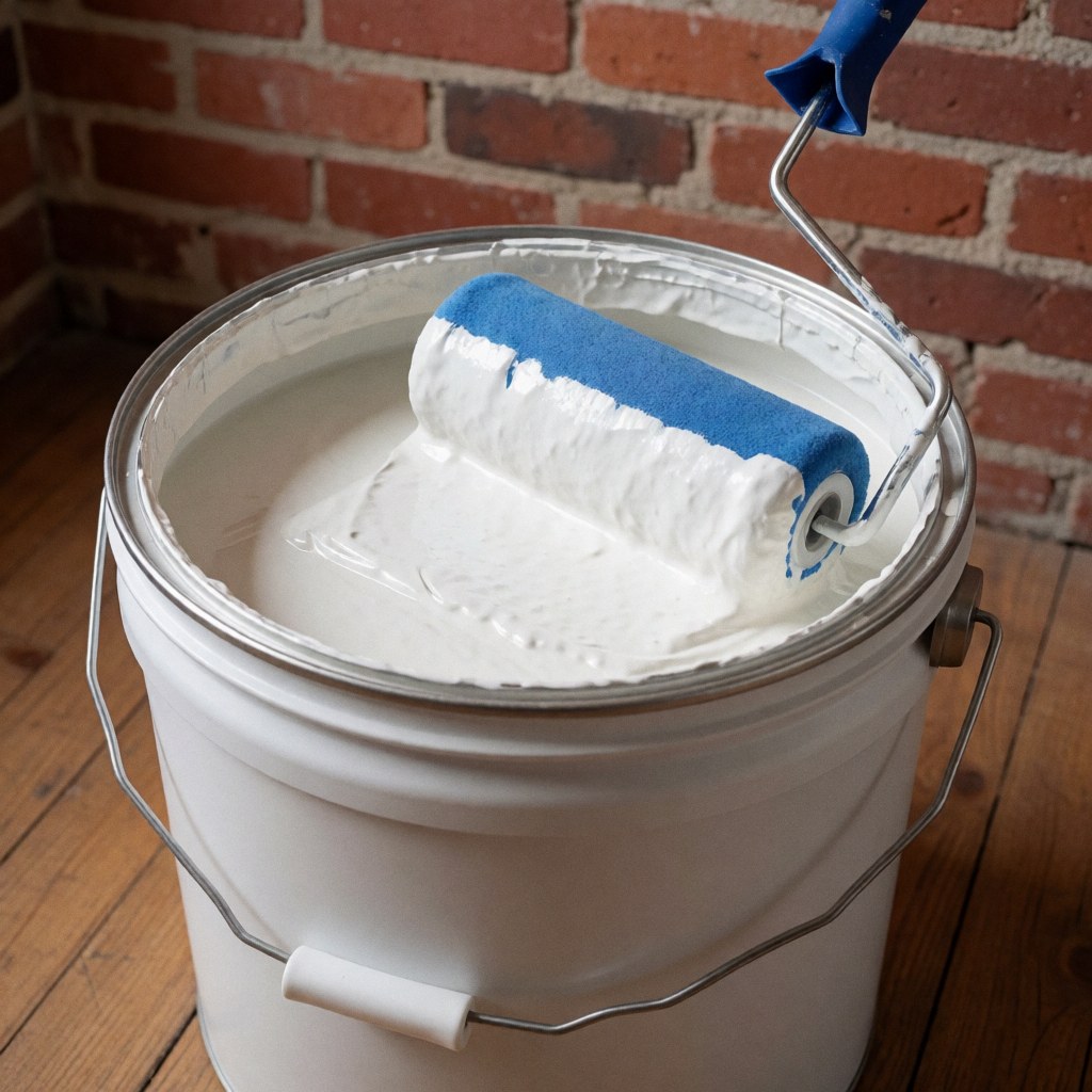 Un seau de peinture intérieure ouverte contenant de la peinture blanche mate, accompagné d'un rouleau imbibé de peinture posé sur le bord du récipient.