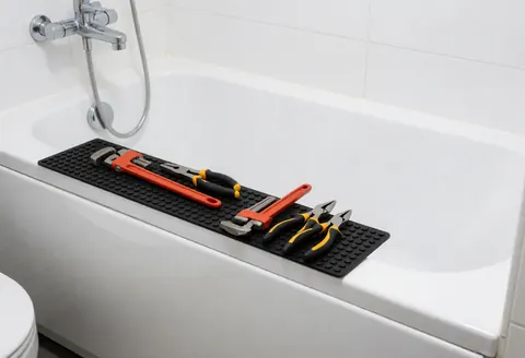 Clés et ciseaux de plomberie posés sur une baignoire blanche, prêts pour une installation ou réparation dans un bain moderne.