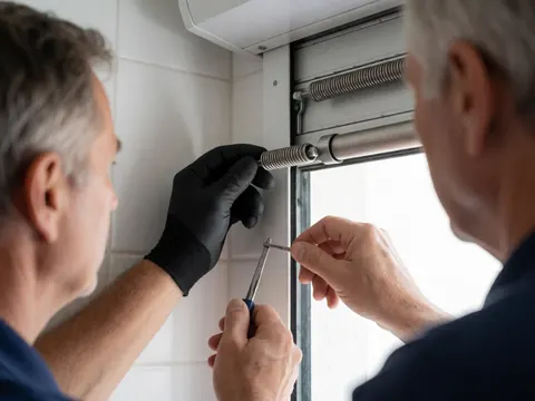 Un technicien ajuste le mécanisme d'une persienne avec des outils, portant des gants noirs sur un sol carrelé blanc.