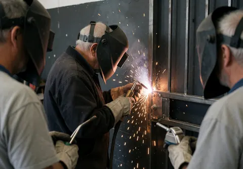 Un soudeur casqué et ganté travaille sur une structure métallique émettant des étincelles, tandis que d'autres ouvriers observent dans un atelier industriel.