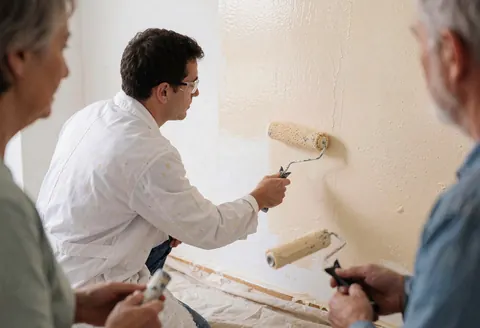 Un peintre avec des lunettes de sécurité applique de la peinture beige sur un mur avec un rouleau. Deux personnes observent le travail. Le sol est protégé par une bâche.