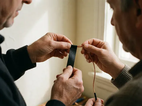 Deux électricistes adultes collaborent ensemble, utilisant du ruban isolant noir et du fil de cuivre brillant dans un intérieur lumineux aux murs blancs.