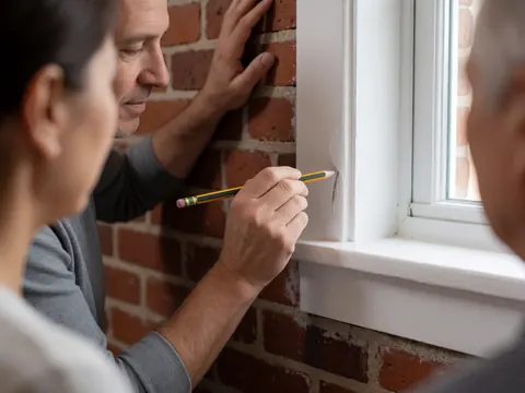 Un homme utilise un crayon pour marquer précisément un point sur le cadre blanc d'une fenêtre, devant un mur de briques rouges. Une scène détaillée évoquant la préparation, la collaboration et la précision dans un