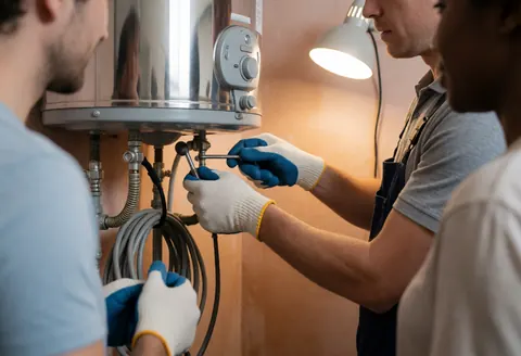 Trois travailleurs avec des gants ajustent une chaudière d'eau chaude avec des outils, sous une lumière de travail, sur un mur en plâtre.