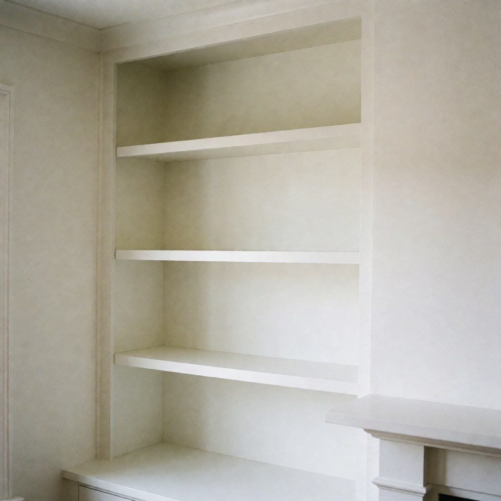 Meuble blanc encastré avec trois étagères vides, murs blancs, éclairage naturel, finition polie, idéal pour montrer des services de design intérieur.