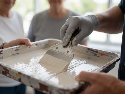 Gros plan sur une surface murale recouverte d'une couche de peinture beige encore fraîche et brillante, révélant la texture épaisse du produit.