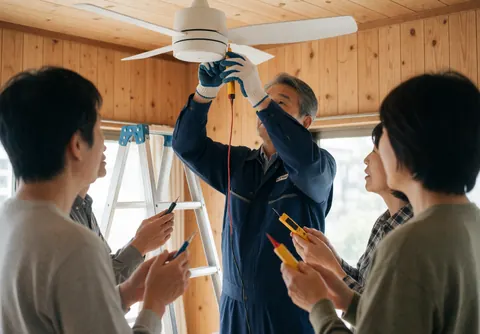 Un électricien installe un ventilateur blanc sur un plafond en bois pendant que des clients observent et tiennent des outils, illustrant un service professionnel en cours.
