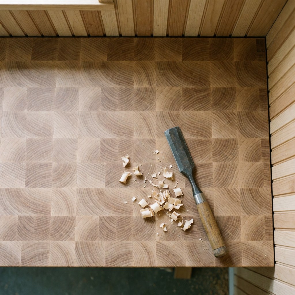 Vue de dessus d'une table de travail en bois avec des outils de menuiserie et des copeaux de bois
